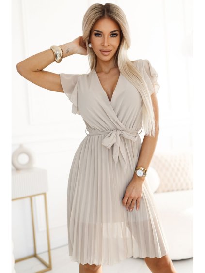 424-7 Chiffon pleated dress with neckline and ruffles - beige