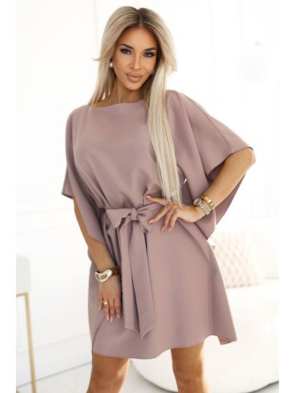 287-37 SOFIA Butterfly dress with a binding at the waist - MOCHA MOUSSE (Velikost S/M)
