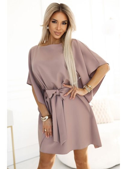 287-37 SOFIA Butterfly dress with a binding at the waist - MOCHA MOUSSE (Velikost S/M)