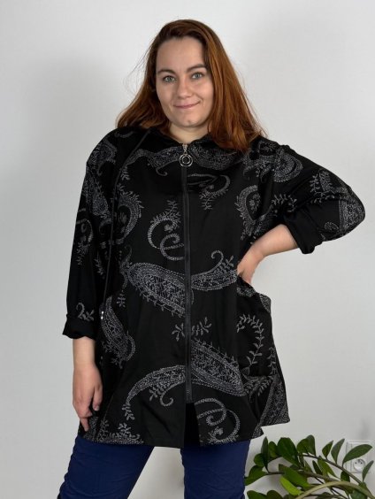 Mikina na zip s kapucí dlouhý rukáv dámská nadrozměr (52/54/56 ONE SIZE) ITALSKÁ MÓDA IMSM25LILIA/DUR (Velikost 52/54, Barva Černá)