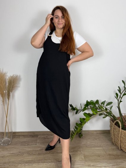 Šaty dlouhé volnočasové bez rukávu a tričko krátký rukáv dámské nadrozměr (46/48/50 ONE SIZE) ITALSKÁ MÓDA IM425001/DUR (Velikost 48/50, Barva Černá)