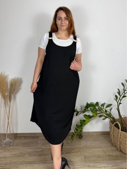 Šaty dlouhé volnočasové bez rukávu a tričko krátký rukáv dámské nadrozměr (46/48/50 ONE SIZE) ITALSKÁ MÓDA IM425001/DUR (Velikost 48/50, Barva Černá)