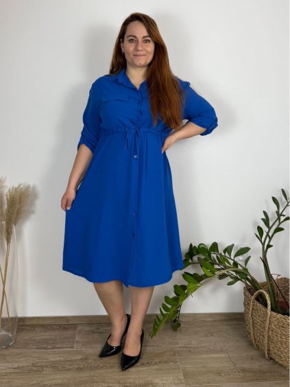 Šaty dlouhé košilové stahovací dlouhý rukáv dámské nadrozměr (48/50/52 ONE SIZE) ITALSKÁ MÓDA IM425081/DUR (Velikost 50/52, Barva béžová)