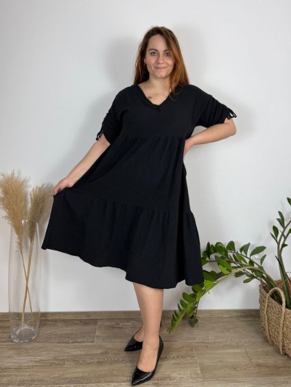 Šaty letní mušelín bavlněné  rukáv dámské nadrozměr (50/52/54 ONE SIZE) ITALSKÁ MÓDA IM425161/DUR (Velikost 50/52, Barva Černá)