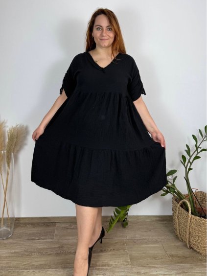 Šaty letní mušelín bavlněné  rukáv dámské nadrozměr (50/52/54 ONE SIZE) ITALSKÁ MÓDA IM425161/DUR (Velikost 50/52, Barva Černá)