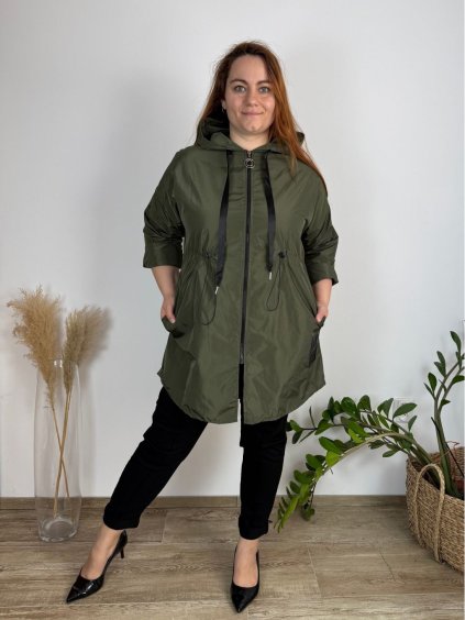 Bunda stahovací slabá na zip s kapucí dlouhý rukáv dámská nadrozměr (50/52/54 ONE SIZE) ITALSKÁ MÓDA IMC25097/DUR (Velikost 50/52, Barva zelená khaki)