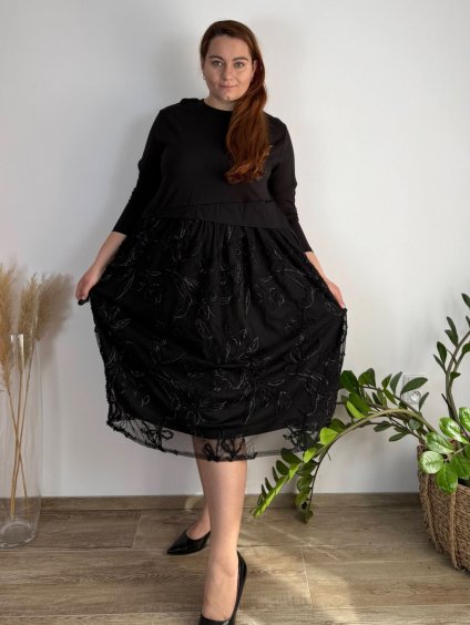 Šaty dlouhé elegantní dlouhý rukáv dámské nadrozměr (50/52/54 ONE SIZE) ITALSKÁ MÓDA IMSM24621/DUR (Velikost 50/52, Barva Černá)