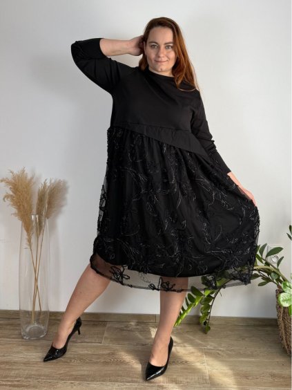 Šaty dlouhé elegantní dlouhý rukáv dámské nadrozměr (50/52/54 ONE SIZE) ITALSKÁ MÓDA IMSM24621/DUR (Velikost 50/52, Barva Černá)