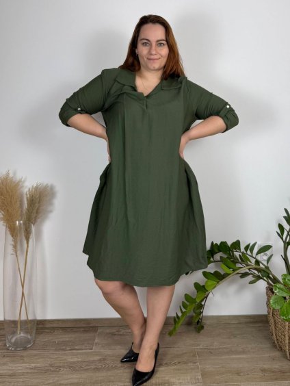 Šaty košilové 3/4 dlouhý rukáv dámské nadrozměr (52/54/56 ONE SIZE) ITALSKÁ MÓDA IM425013/DUR (Velikost 54/56, Barva zelená khaki)
