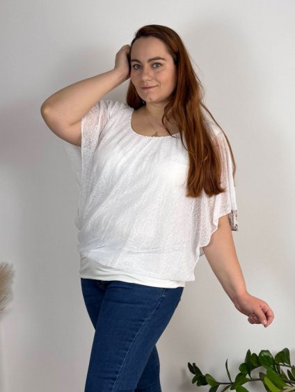 Tunika halenka krátký rukáv dámská nadrozměr (52/54/56 ONE SIZE) ITALSKÁ MODA IM424128/DUR (Velikost 52/54, Barva bílá)
