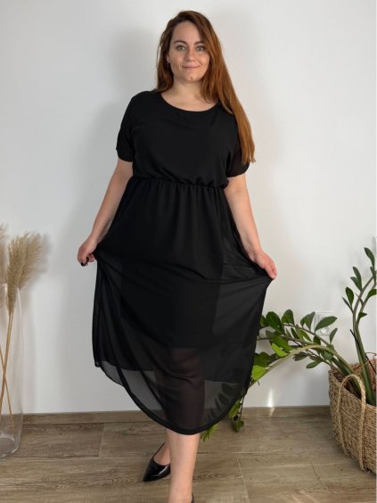 Šaty elegantní šifonové krátký rukáv dámské nadrozměr (44/46/48 ONE SIZE) ITALSKá MóDA IM425035/DUR (Velikost 46/48, Barva Černá)