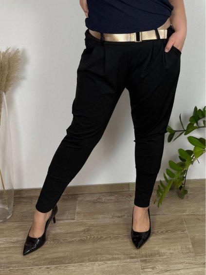Kalhoty elegantní s páskem dámské nadrozměr (46/48/50 ONE SIZE) ITALSKÁ MÓDA IM425131/DUR (Velikost 46/48, Barva Černá)