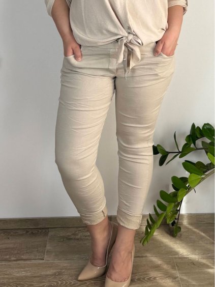 Kalhoty strečové dámské nadrozměr (46/48/50 ONE SIZE) ITALSKÁ MÓDA IM525BETTANY/DUR (Velikost 48/50, Barva béžová)