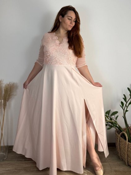 Šaty dlouhé elegantní společenské krátký rukáv dámské nadrozměr (36-56) POLSKÁ MÓDA PMLBF25CARMEN/DR (Velikost 40, Barva růžová meruňková)