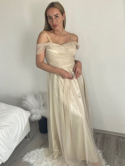 Šaty dlouhé společenské na ramínka dámské (S/M/L ONE SIZE) ITALSKÁ MÓDA IMC23492/DU (Velikost S/M/L, Barva béžová)