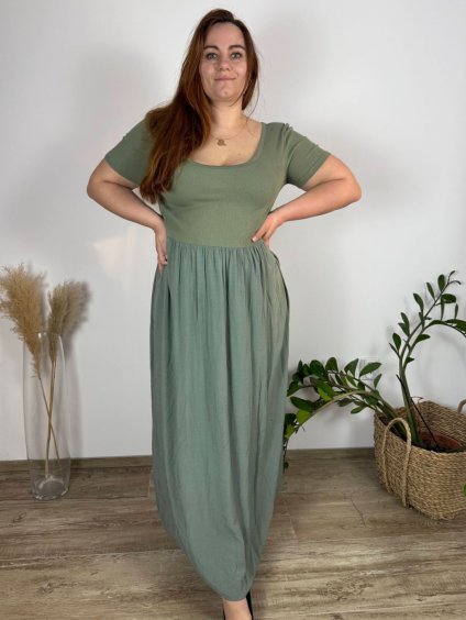 Šaty dlouhé volnočasové letní dámské nadrozměr (444/46/48 ONE SIZE) ITALSKÁ MÓDA IM425MARIA-V/DUR (Velikost 46/48, Barva zelená khaki)