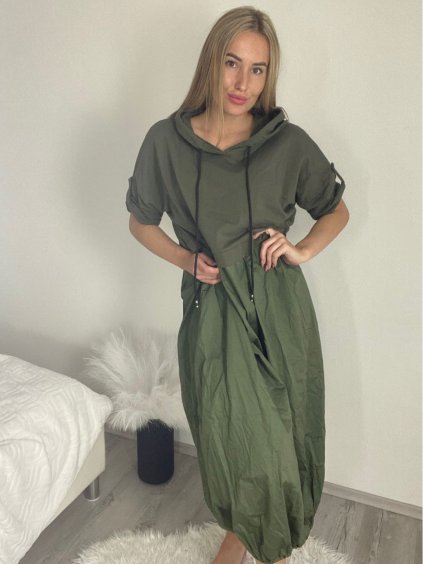 Šaty mikinové krátký rukáv dámské nadrozměr (42/44/46 ONE SIZE) ITALSKÁ MÓDA IMSM25130/DU (Velikost 42/44/46, Barva zelená khaki)