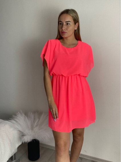 Šaty krátké šifonové krátký rukáv dámské (S/M/L ONE SIZE) ITALSKÁ MÓDA IM425149/DUR (Velikost S/M, Barva růžová neon)