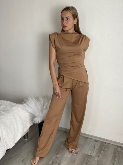 Souprava tunika krátký rukáv a kalhoty dlouhé dámská (S/M/L ONE SIZE) ITALSKÁ MÓDA IMWCA25316/DUR (Velikost S/M, Barva hnědá)