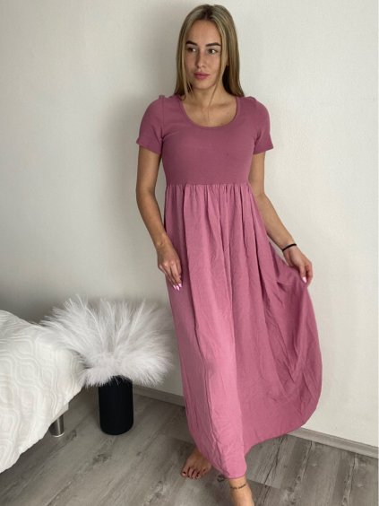 Šaty dlouhé letní žebrované krátký rukáv dámské Maria-M (XS/S/M/L ONE SIZE) ITALSKÁ MÓDA IMSM25128/DUR (Velikost S/M/L, Barva růžová starorůžová)