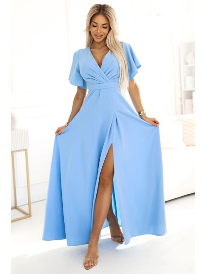 Šaty společenské dlouhé elegantní s rozparkem krátký rukáv JENNIFER dámské (S-2XL) polská moda NMC-581-3/DUR (Velikost XS, Barva světle modrá)