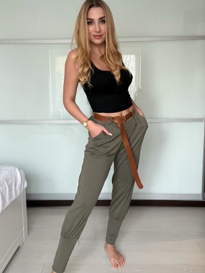 Kalhoty s páskem dámské (S/M/L ONE SIZE) ITALSKÁ MÓDA IM425101/DU (Velikost S/M/L, Barva béžová)