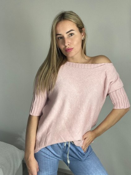 Svetr slabý krátký rukáv dámský (S/M/L ONE SIZE) ITALSKÁ MÓDA IMSM25103/DU (Velikost S/M/L, Barva růžová světlá)
