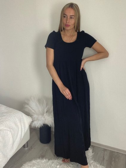Šaty dlouhé letní krátký rukáv dámské (S/M/L ONE SIZE) ITALSKÁ MÓDA IM425MARIA-M/DU (Velikost S/M/L, Barva Černá)