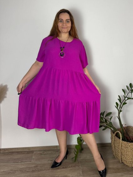 Šaty letní s přívěskem krátký rukáv dámské nadrozměr (54/56/58 ONE SIZE) ITALSKÁ MÓDA IM425089/DUR (Velikost 54/56, Barva růžová fuchsiová)