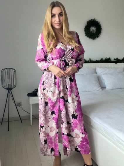 Šaty letní elegantní dlouhý rukáv dámské (S/M ONE SIZE) ITALSKÁ MÓDA IMD25LUCY/DUR (Velikost S/M, Barva růžová fuchsiová)