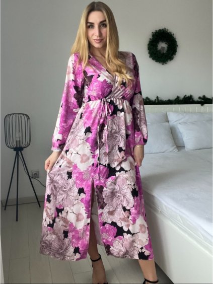 Šaty letní elegantní dlouhý rukáv dámské (S/M ONE SIZE) ITALSKÁ MÓDA IMD25LUCY/DUR (Velikost S/M, Barva růžová fuchsiová)