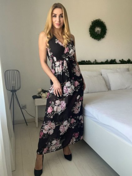 Šaty dlouhé letní na ramínka dámské (S/M ONE SIZE) ITALSKÁ MÓDA IMD23231-8/DR (Velikost S/M, Barva Černá)