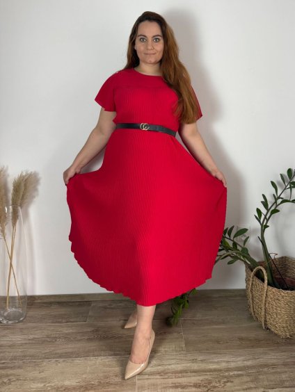 Šaty dlouhé elegantní plisované krátký rukáv dámské nadrozměr (54/56/58 ONE SIZE) ITALSKÁ MÓDA IM425AMOR/DR (Velikost 54/56/58, Barva červená)
