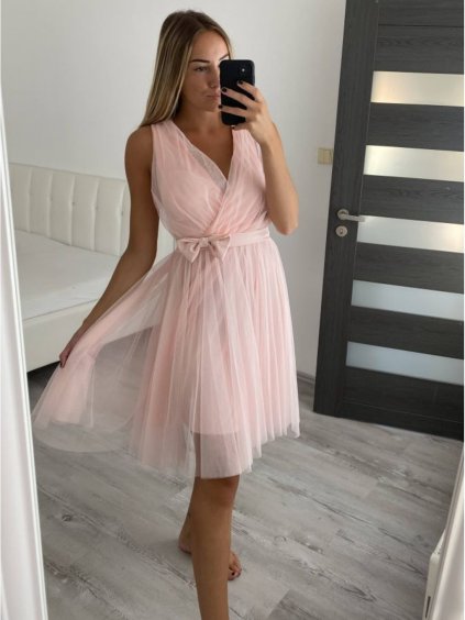 Šaty společenské elegantní krátké bez rukávů tilové dámské NIkol (S/M ONE SIZE) ITALSKá MóDA IMM22305/DR (Velikost S/M/L, Barva růžová starorůžová)