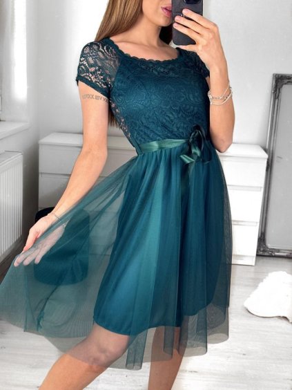 Šaty krajkové tylové společenské krátký rukáv dámské Beatrice (S/M ONE SIZE) ITALSKÁ MÓDA IMM23M9111/DU (Velikost S/M/L, Barva růžová starorůžová)