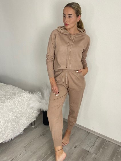 Souprava úpletová svetr s kapucí a kalhoty dámská (S/M ONE SIZE) ITALSKÁ MÓDA IMPMD237076/DR (Velikost S/M, Barva hnědá)