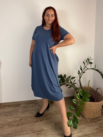 Šaty oversize letní krátký rukáv dámské nadrozměr MODENA (52/54/56 ONE SIZE) ITALSKÁ MÓDA IM425173/DU (Velikost 52/54, Barva modrá)