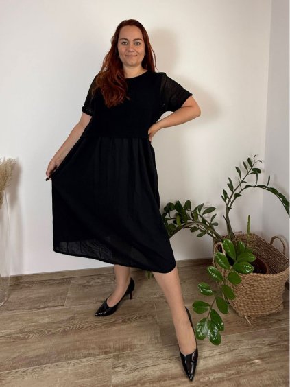 Šaty se svetrem krátký rukáv dámské nadrozměr BETTY (52/54/56 ONE SIZE) ITALSKÁ MÓDA IMSM25010/DU (Velikost 54/56, Barva Černá)