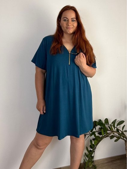 Tunika nebo šaty oversize se zipem krátký rukáv dámské nadrozměr PUGLIA (54/56/58 ONE SIZE) ITALSKÁ MÓDA IM424025/DU (Velikost 54/56/58, Barva tmavě petrolejová)