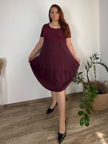 Šaty volnočasové letní krátký rukáv dámské nadrozměr MAGIE(46/48/50 ONE SIZE) ITALSKÁ MÓDA IM425270/DUR (Velikost 48/50, Barva vínová)