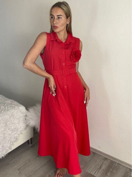 Šaty košilové letí krátký rukáv dámské FLOVER (S/M/L ONE SIZE) ITALSKÁ MÓDA IME25020/DU (Velikost S/M/L, Barva červená)