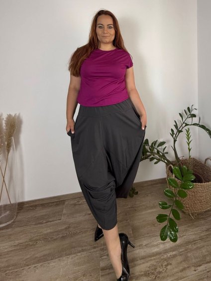 Kalhoty s gumou  široké letní dámské nadrozměr LADY (50/52/54 ONE SIZE) ITALSKá MóDA IMSM25LADY/DU (Velikost 50/52, Barva šedá tmavá)