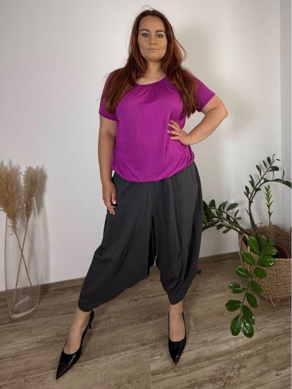 Kalhoty s gumou  široké letní dámské nadrozměr LADY (50/52/54 ONE SIZE) ITALSKá MóDA IMSM25LADY/DU (Velikost 50/52, Barva šedá tmavá)