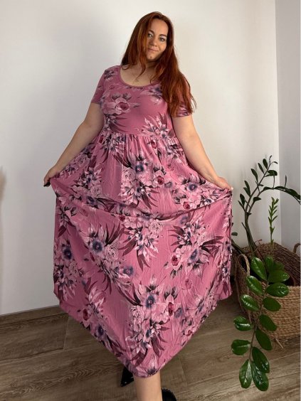 Šaty dlouhé letní krátký rukáv dámské nadrozměr MARIA (50/52/54 ONE SIZE) ITALSKÁ MÓDA IM425252/DU (Velikost 50/52/54, Barva růžová starorůžová)