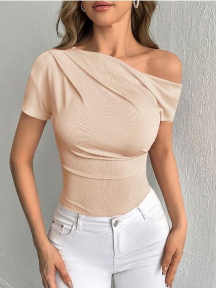 Tričko řádek krátký rukáv dámské (XS/S/M ONE SIZE) ITALSKÁ MÓDA IMM25M21327 (Velikost XS/S/M, Barva béžová)
