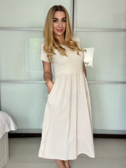 Šaty dlouhé letní krátký rukáv dámské Susana (S/M/L ONE SIZE) ITALSKÁ MÓDA IM425140/DU (Velikost S/M/L, Barva béžová)