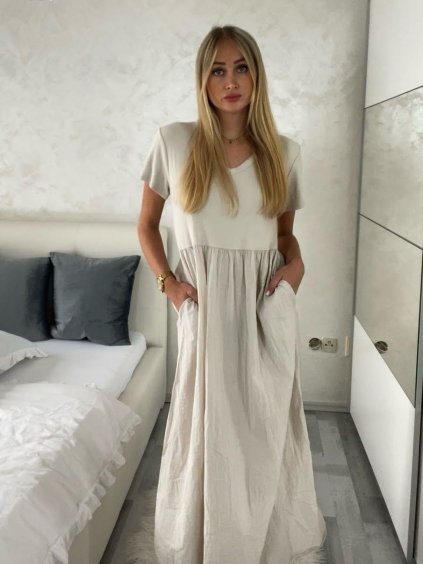 Šaty dlouhé volnočasové letní krátký rukáv dámské CARLA (S/M/L ONE SIZE) ITALSKÁ MÓDA IMSM25191/DR (Velikost S/M/L, Barva béžová)