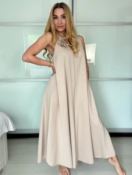 Overal dlouhý elegantní letní bez rukávu dámský VANESA (S/M/L ONE SIZE) ITALSKÁ MÓDA IMWAD25555/DU (Velikost S/M/L, Barva béžová)