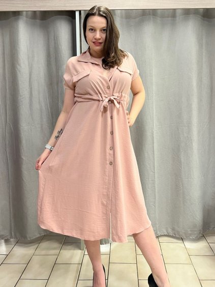 Šaty dlouhé košilové krátký rukáv dámské nadrozměr TIEN (42/44/46 ONE SIZE) ITALSKÁ MÓDA IMC25222/DUR (Velikost 42/44/46, Barva růžová starorůžová)
