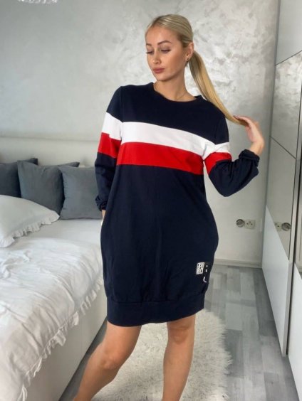 Šaty mikinové dlouhý rukáv dámské PALERMO (S/M/L ONE SIZE) ITALSKá MóDA IMD22882/DU (Velikost S/M/L, Barva tmavě modrá)